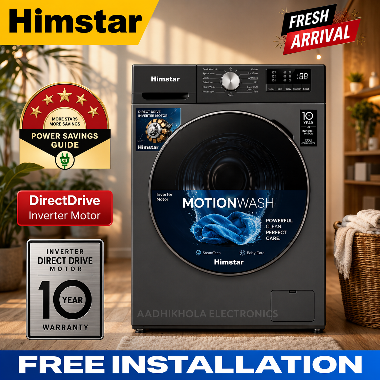 Himstar 10KG DD Inverter Motor Front Load Fully Automatic Washing Machine | HW‐10FBWA2DTK/NJ | 1200RPM Fast Spin Dry | LED Touch Panel | 11 Wash Programs | Delay Start | Child Lock | Energy Efficient