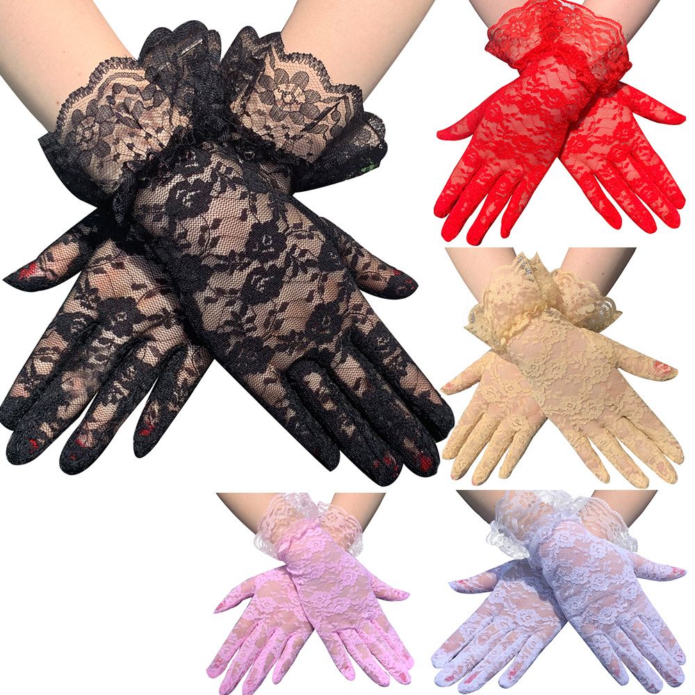 Fashion UV Protection Mittens Sunscreen Party Dressy Gloves Lace Gloves Rose Flower Pattern White Bride Gloves