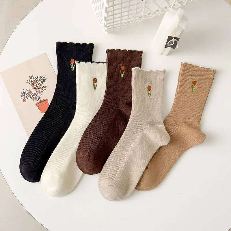 3 Pairs Of Set Spring And Summer Thin Breathable Ruffle Edge All Cotton Cute Womens White Printed Socks