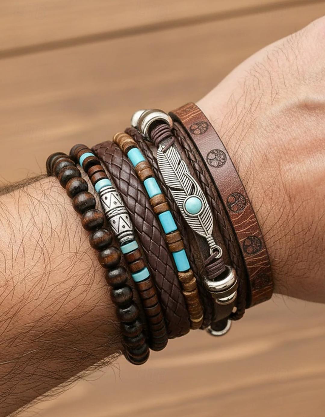 BLUE BELL -Men's Bohemian Multi-Layer Leather & Bead Bracelet Set Tribal Turquoise & Wood Design