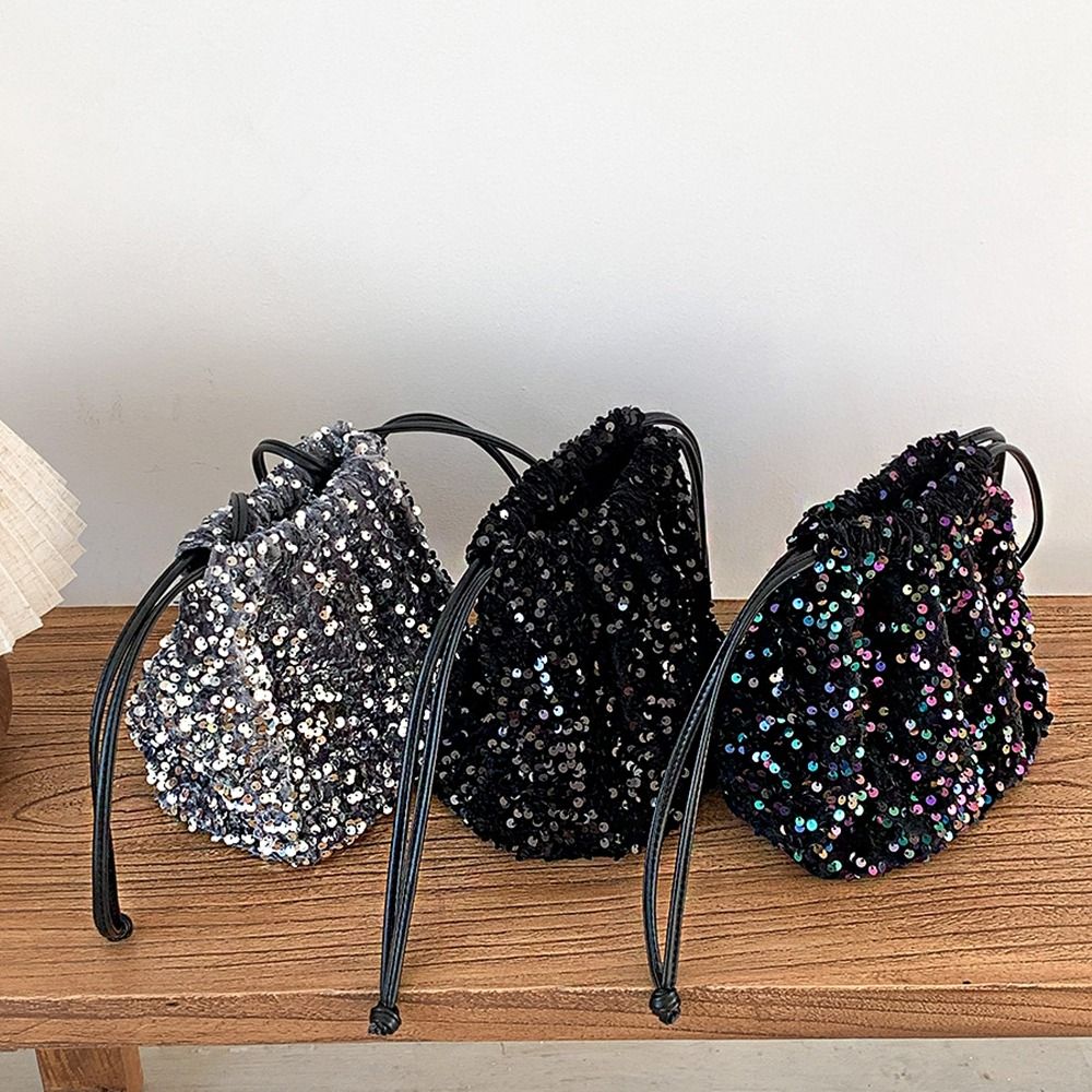 Cloth Sequin Shoulder Bag Simple Purse Drawstring Bucket Bag Make Up Bag Fold Small Crossbody Bag Outdoor