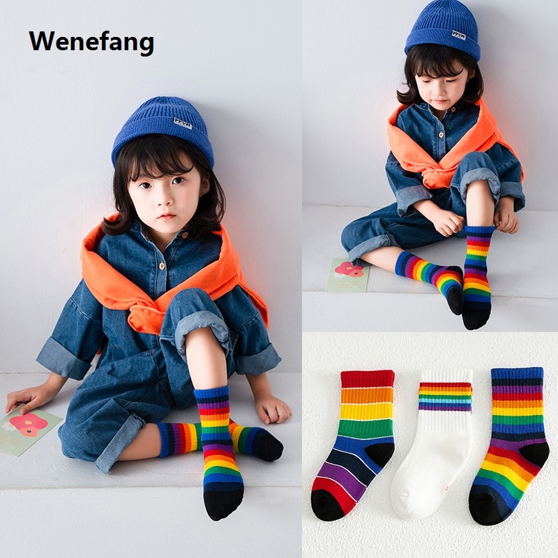 Wenefang 3 Pairs/Pack Autumn Winter New Children's Socks Boys And Girls Rainbow Hot Selling Striped In Tube Tide Socks Baby Kids Cotton Sport Socks