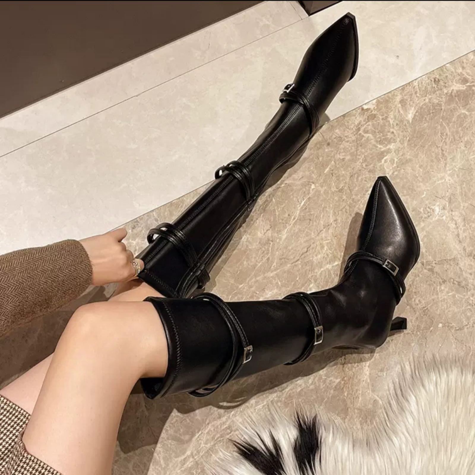 Row Metal Belt Buckle Side Zipper Pointed Toe Platform Ultra-High Thick Heel Over The Knee High Boots New Long Boots