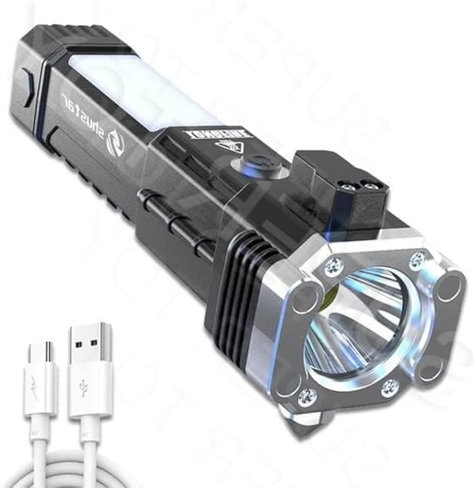 Portable Rechargeable Torch LED Flashlight with Power Bank, Hammer, Strong Magnets, Window Glass /Seat Belt Cutter