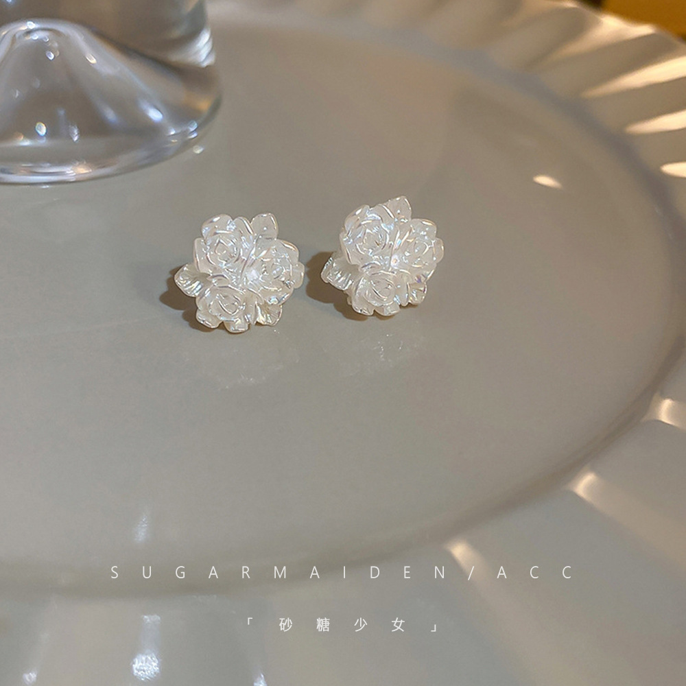 【Best Price Guaranteed】Colorful multi-layer camellia ~ new temperament exquisite earrings Korean version of small fresh white rose flower earrings female