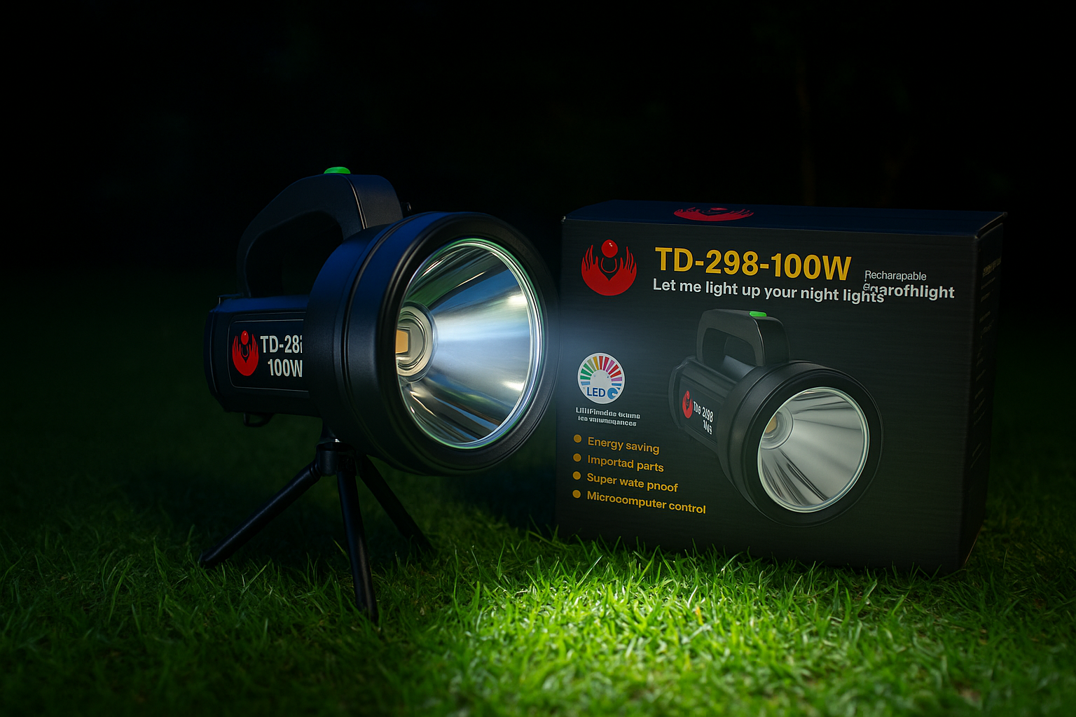 TD-298-100W Torchlight | Rechargeable Digital Searchlight | Emergency Torch Light for Home & Outdoor Use " NO STAND" | Long-Range Beam | Built-in Power Bank | Durable & Bright LED Light | Ideal for Loadshedding, Hiking, Camping & Rescue | Epsa Traders