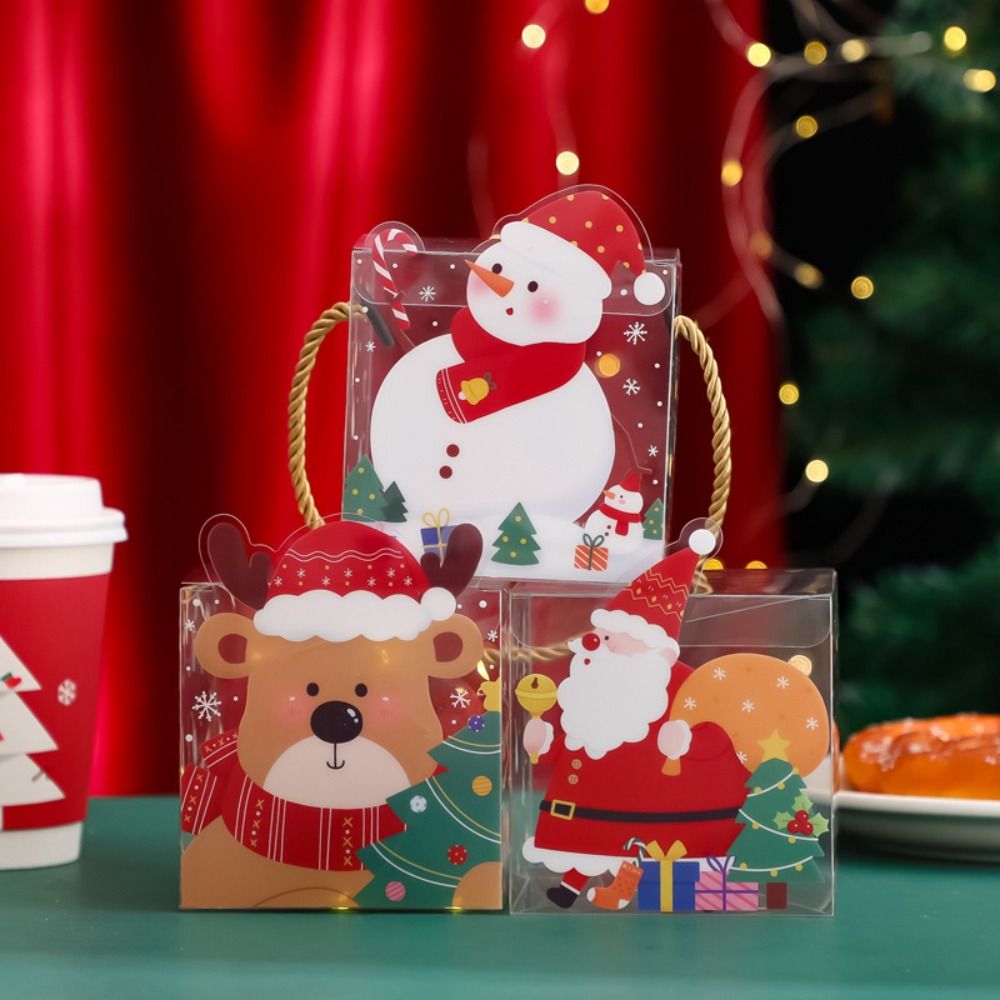 5Pcs Cute Cartoon Christmas Gifts Bag Elk Transparent Christmas Tote Bags Portable Storage Gifts Wrap Handbag Snack