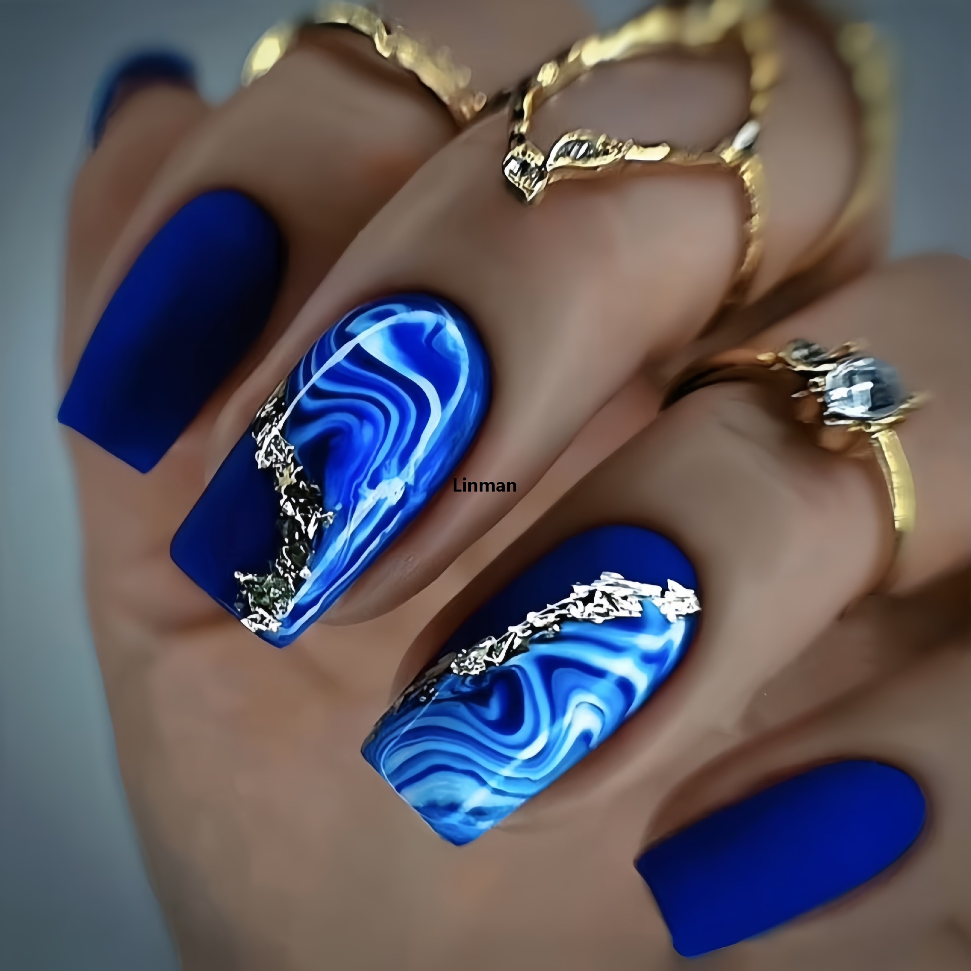 Linman 24pcs/set short Medium quare Glossy Ballerina Nails jellyfisSales promotion h blue sea wave flowers geometric design press on false nails