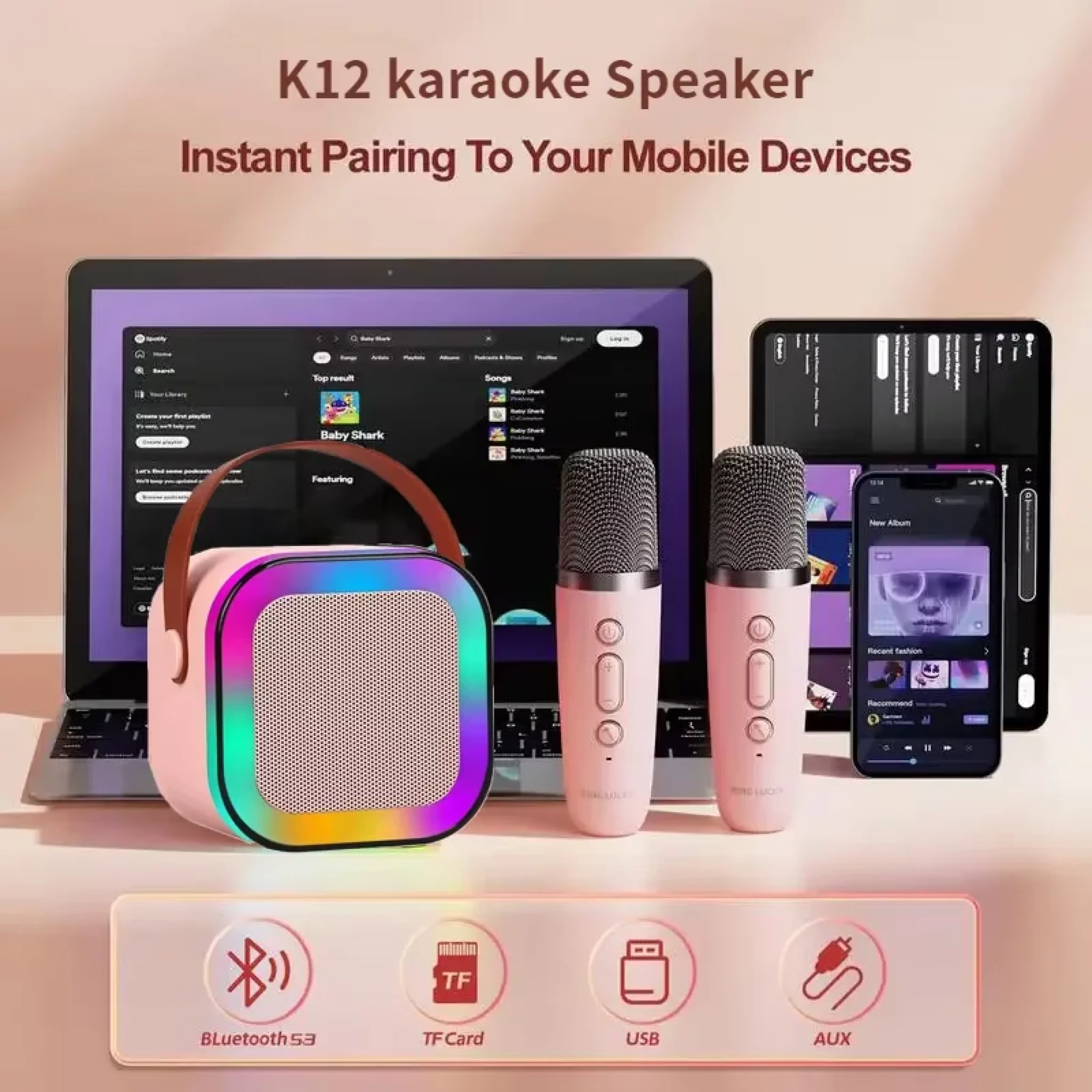 MRR Smart Choice Premium Portable Karaoke Speaker with Double Wireless Microphone | Bluetooth 5.3 Mini Karaoke Machine with LED Disco Lights | Family Party Speaker for Home, Kids, Birthday Gifts & Music Entertainment