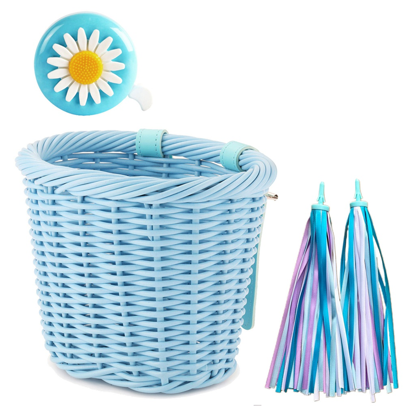 JAERBEE 1Set Rattan Wicker Bicycle Front Basket+Bell+Tassel+Stickers Adjustable Handwoven Adult Bike Handlebar Accessories Blue