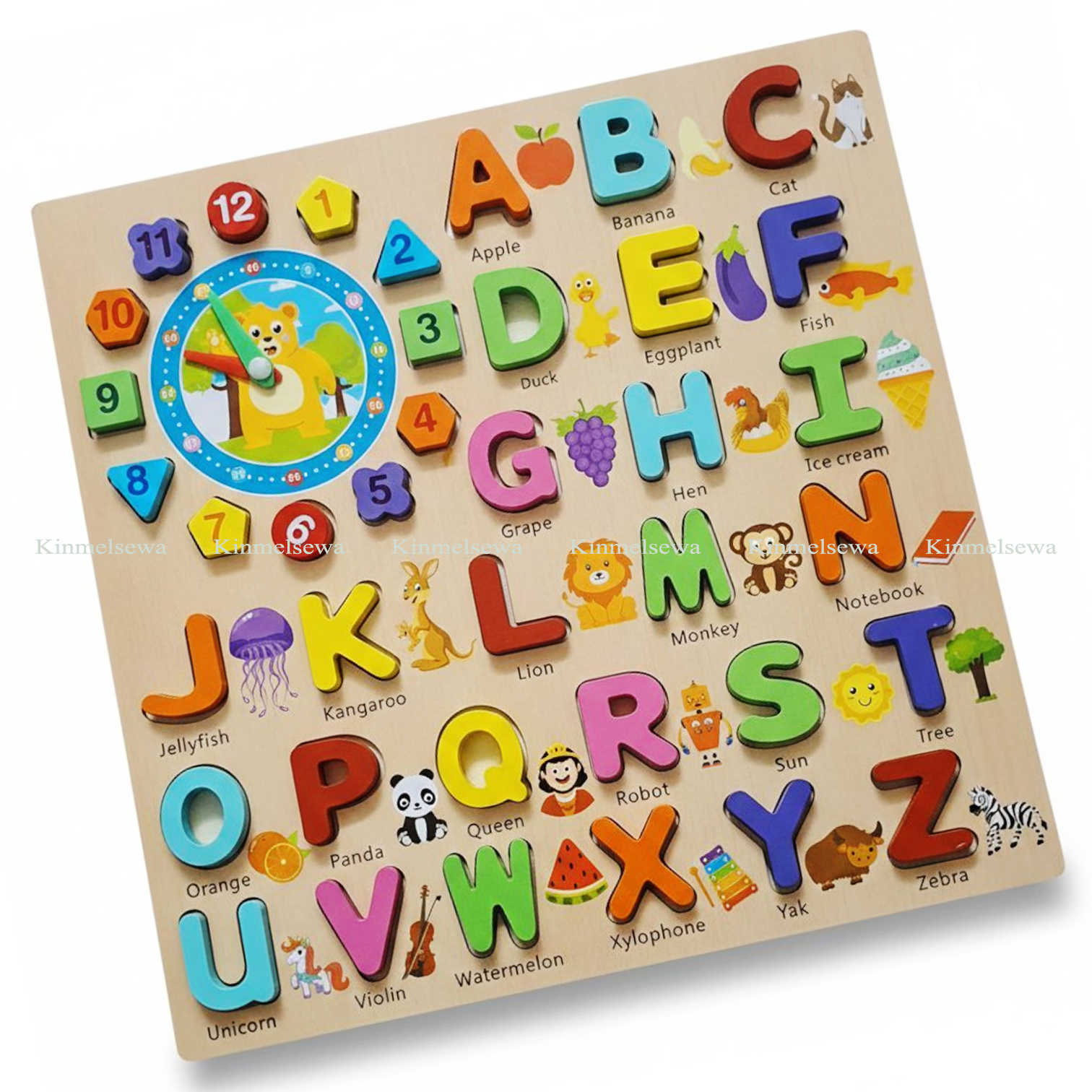 Wooden Alphabet & Number Puzzle Board with Clock - 3-in-1 Educational Montessori Toy for Kids - 3D ABC Letters, Counting & Shape Sorter - Preschool Early Learning Gift (30x30cm)