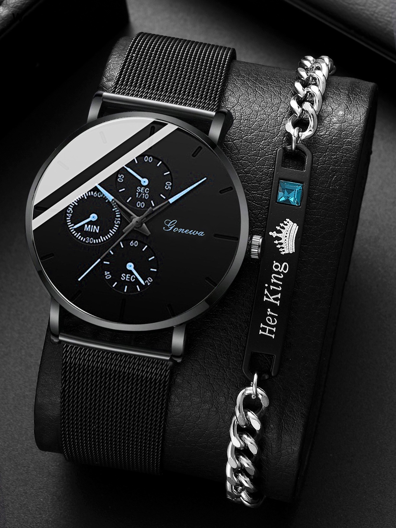 Wenefang 2pcs/set Minimalist Men's Fashion Ultra Thin Watches Simple Men Business Stainless Steel Mesh Belt Quartz Watch
