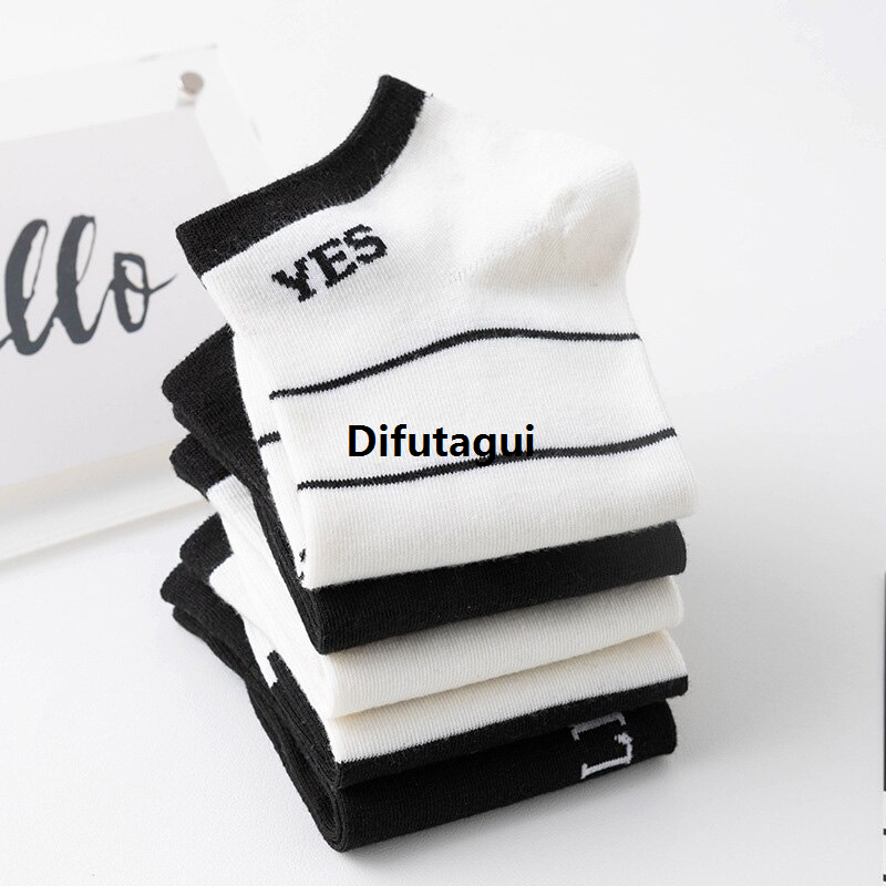 Difutagui Fashion Socks letter breathable summer 5 pairs of men's socks 【2025 Version】 simple low top socks black and white short tube men