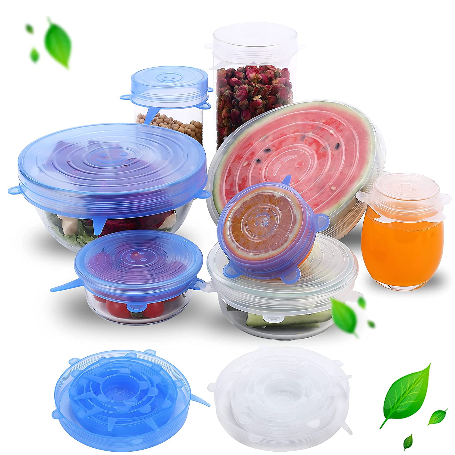 6-Pack Silicone Stretch Lids Blue & Transparent, Washable, Reusable, Fits Various Food Containers