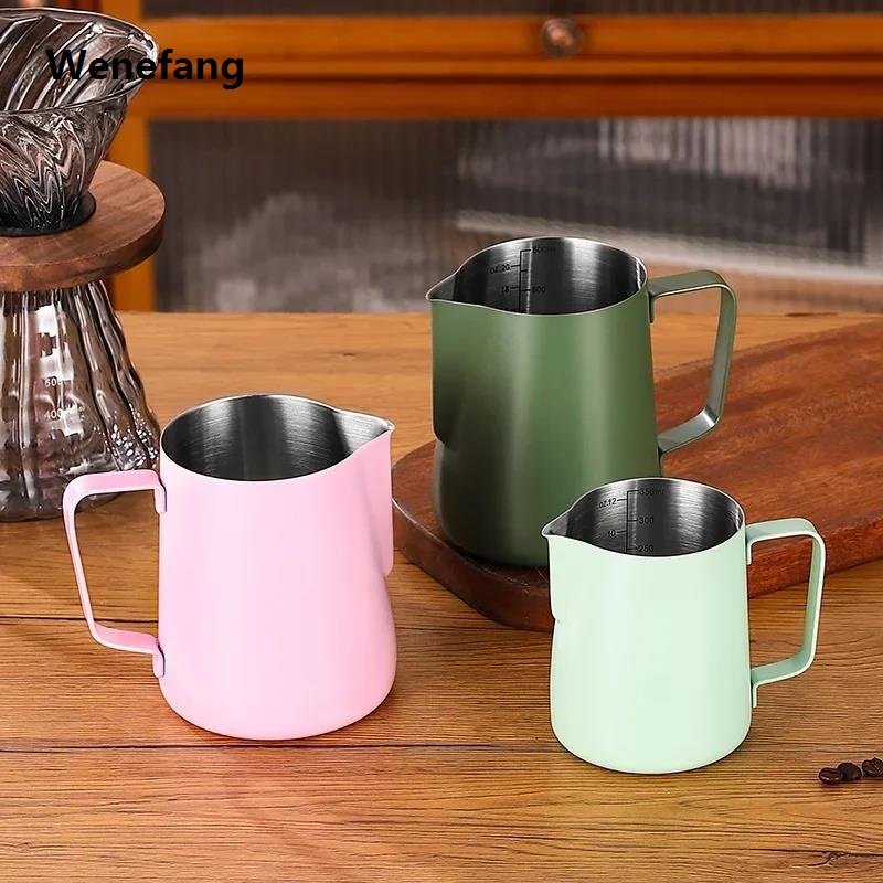 Wenefang 304 Stainless Steel Coffee Milk Frother Jug With Scale Cafe Barista Portable Professional Steam Espresso Coffee Latte Art Kitchen Tools