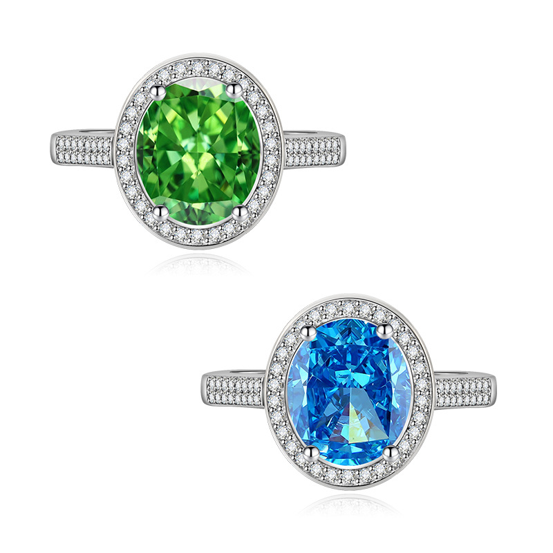 【Mega Sale】Oval Sea Blue Ring Women's Carbon Diamond Ice Flower Cut Zircon Advanced Design Diamond Finger Ring