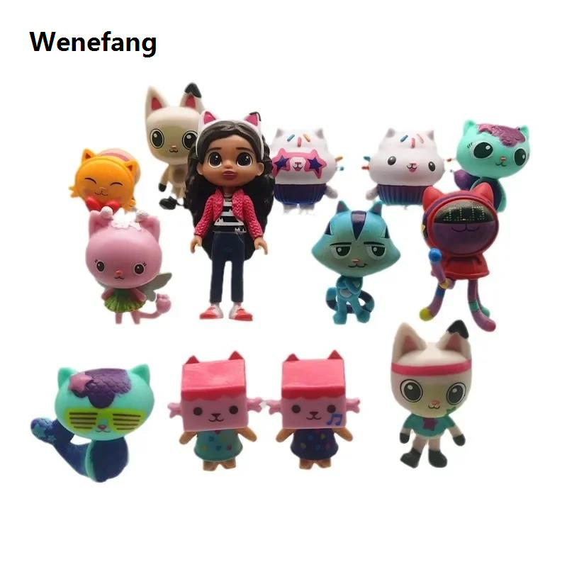Wenefang 13pcs/set PVC Gabby Dollhouse Figure Toy Mercat Cartoon Stuffed New Animals Smiling Car Cat Hug Gaby Girl Dolls Kids Birthday Gifts