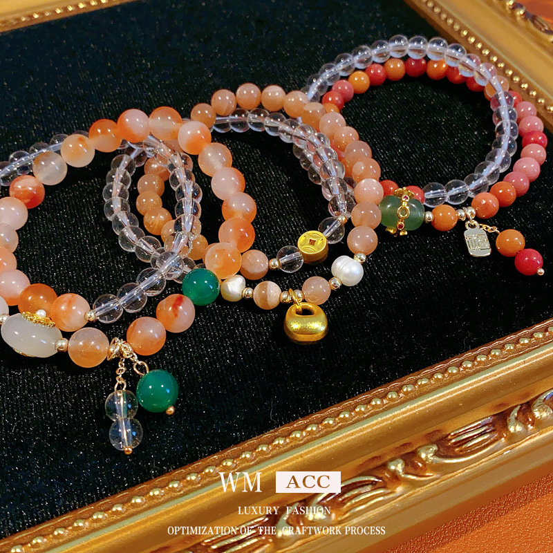 【Fashion-forward】Natural Agate Color Stone Golden Sun Crystal Bracelet Style National Fashion Bracelet Light Luxury High-end Retro Bracelet for