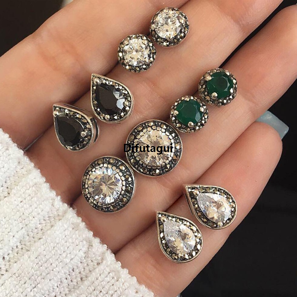 Difutagui 5 Pairs/Set Stud Earrings Cubic Zirconia Water Drop Green Black 2025 Gemstone Jewelry Korean Fashion Wedding Party Earring Aretes