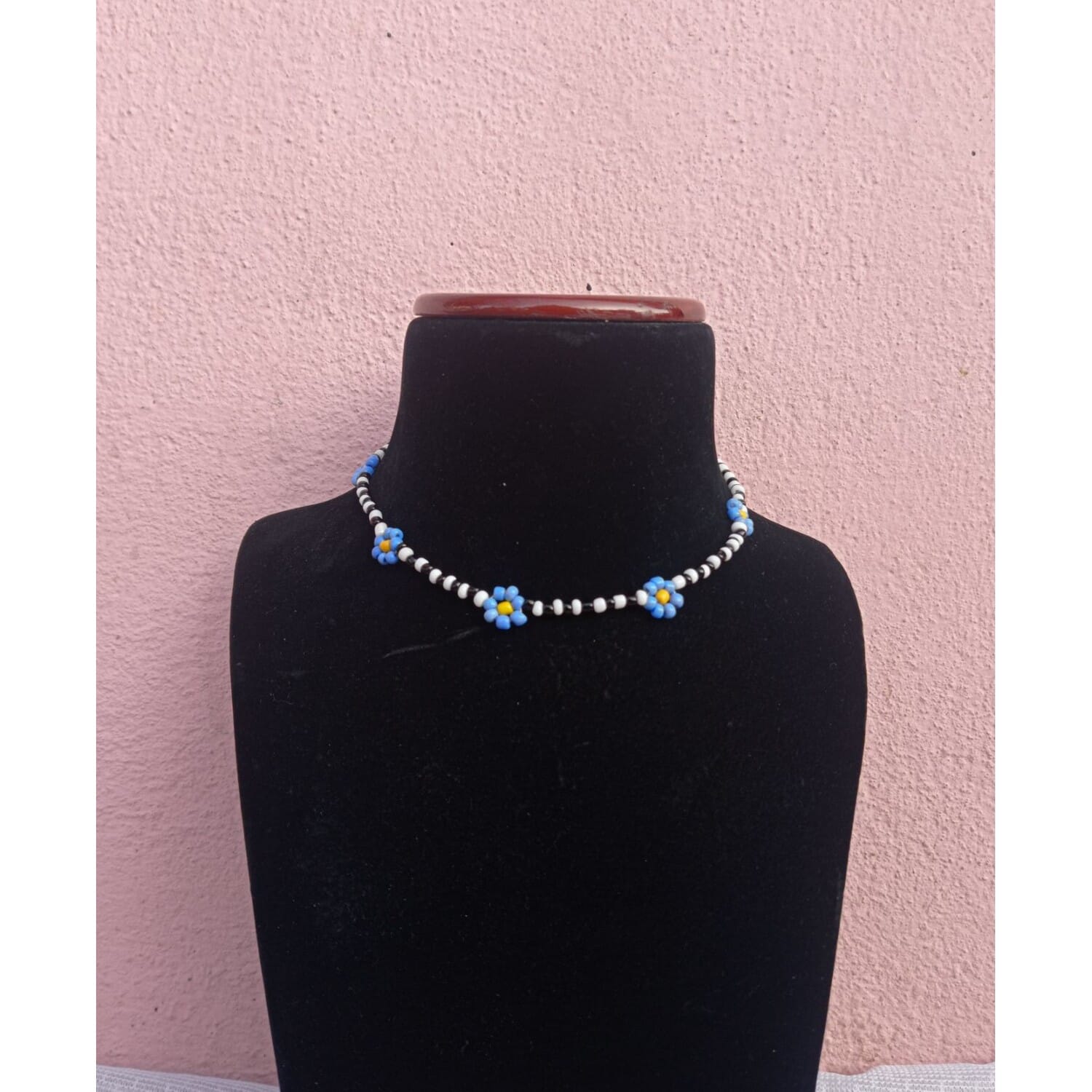 Black and White Mix Beads With Blue Flower Necklace