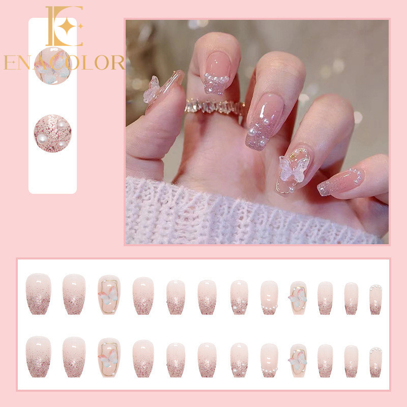 24Pcs Exquisite Pearl Butterfly Fake Nails with Glue DIY Art Design False Nails Wearable Nails Stylish Pattern Artificial Nails