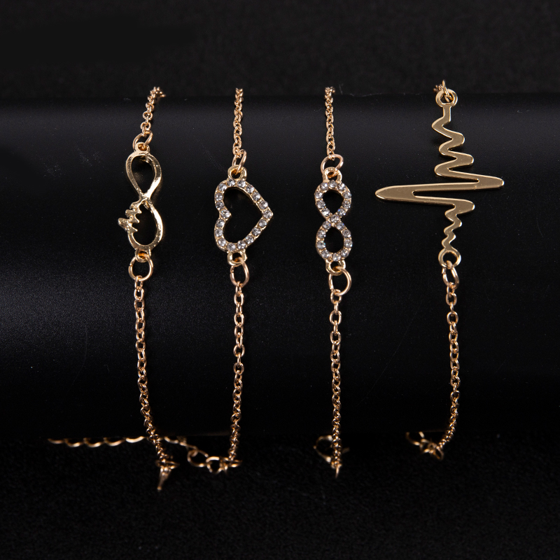 4Pcs/set Bracelet For Women Bohemian Chain ECG Heart Crystal Charm Bangle Boho Jewelry Gift 5a63