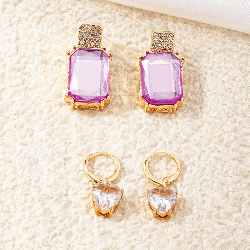 【New Arrivals】New French Style Square Purple Gemstone Cold Style Earrings Elegant Design Sense Celebrity Diamond Earrings Women