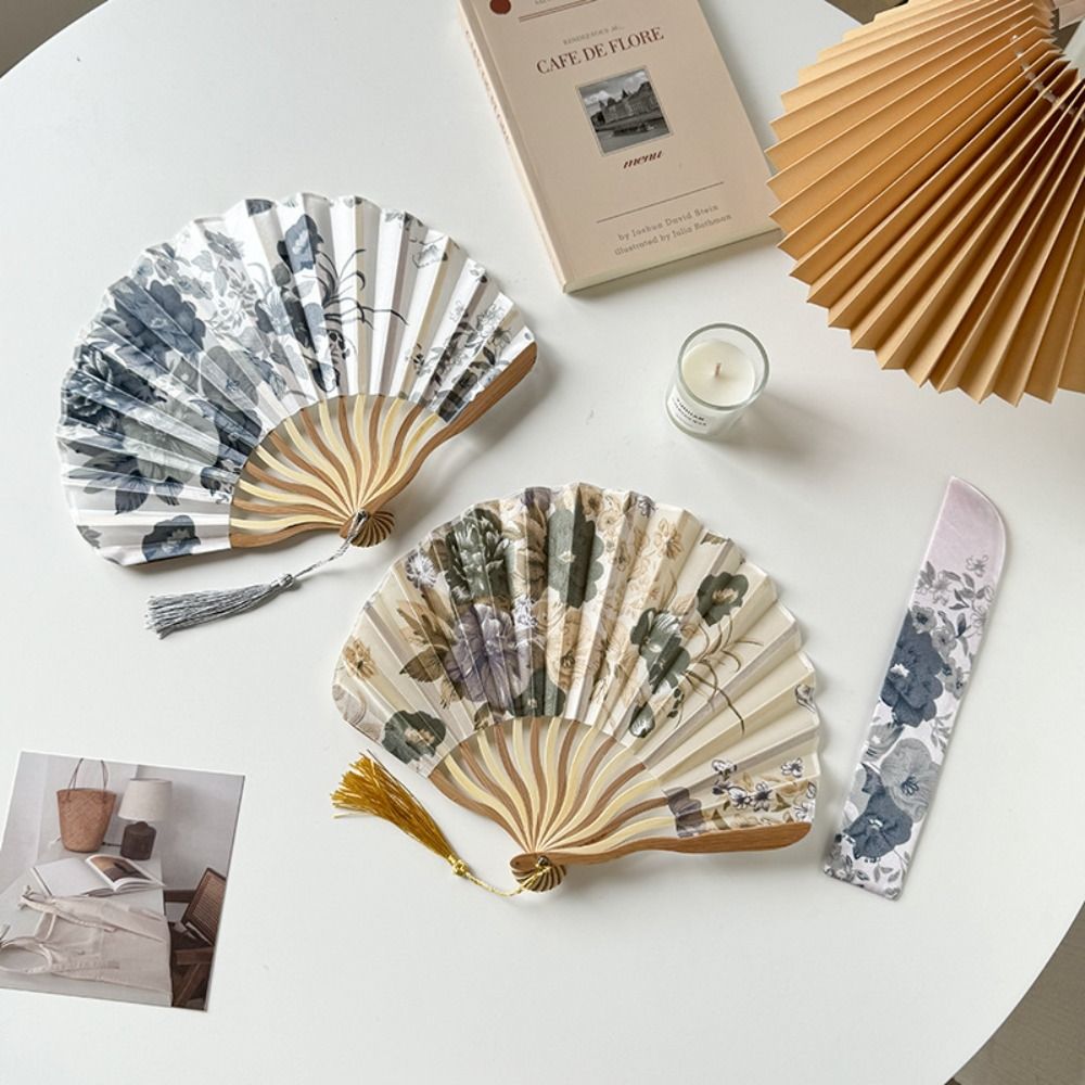 New Chinese Style Hand Fold Fan Woman Men Portable Silk Flower Folding Fan Bamboo Wood Dance Props Retro Shell Fan