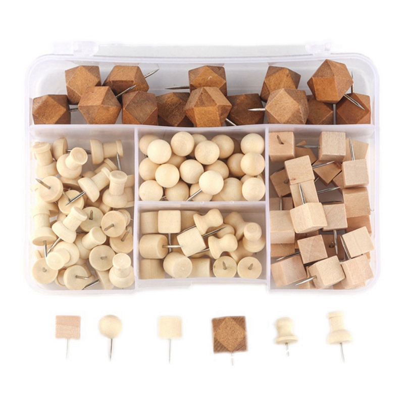 130 Wooden Push Pins Geometric Shape for DIY Craft Supplies Apparel Sewing Point Wooden Photo Wall Board Office