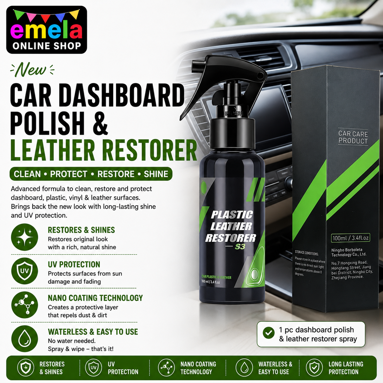 Car Dashboard Polish & Leather Restorer Spray - Plastic, Vinyl & Interior Conditioner with UV Protection, Nano Coating, Easy Waterless Wash - Pack of 1