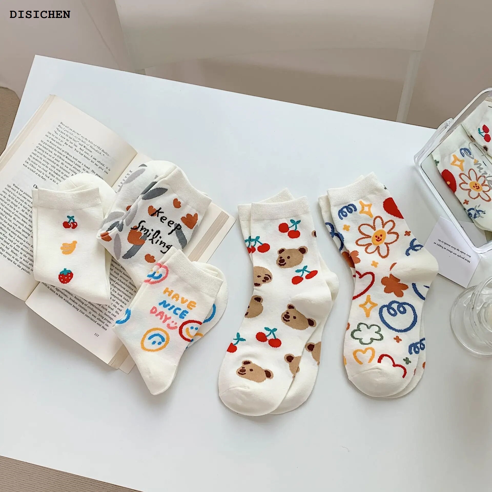 DISICHEN Profesional New Japanese Cute Cartoon Bear Girl Stockings Tide Tube Socks Candy Color Cotton Socks