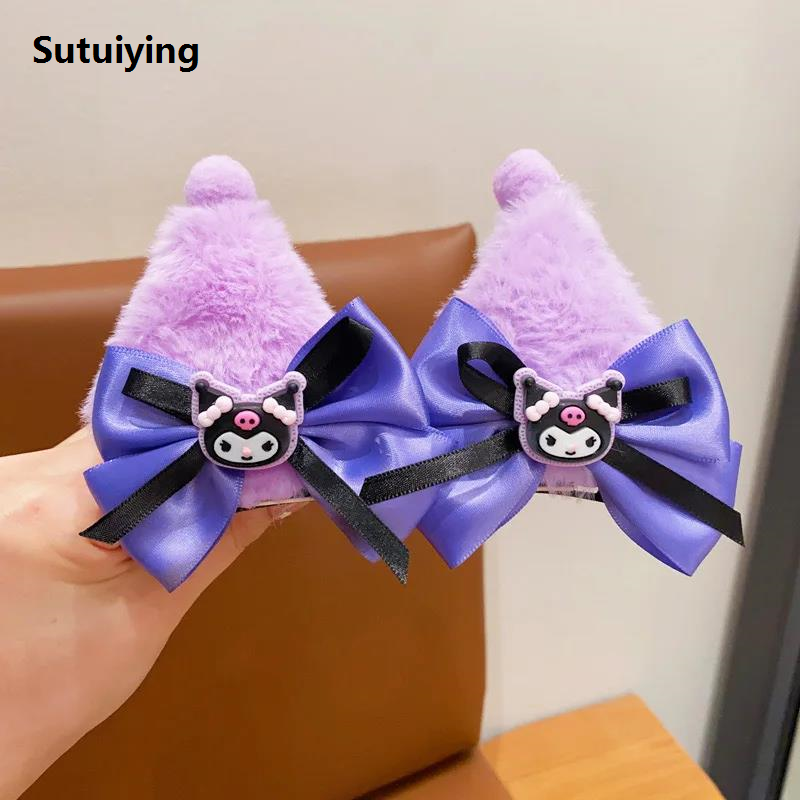 Sutuiying Sanrio Kuromi Plush Headband Cute Lolita Girls Face Wash Makeup New Hairband Funny Women Hair Clip Cosplay Halloween Props Gift