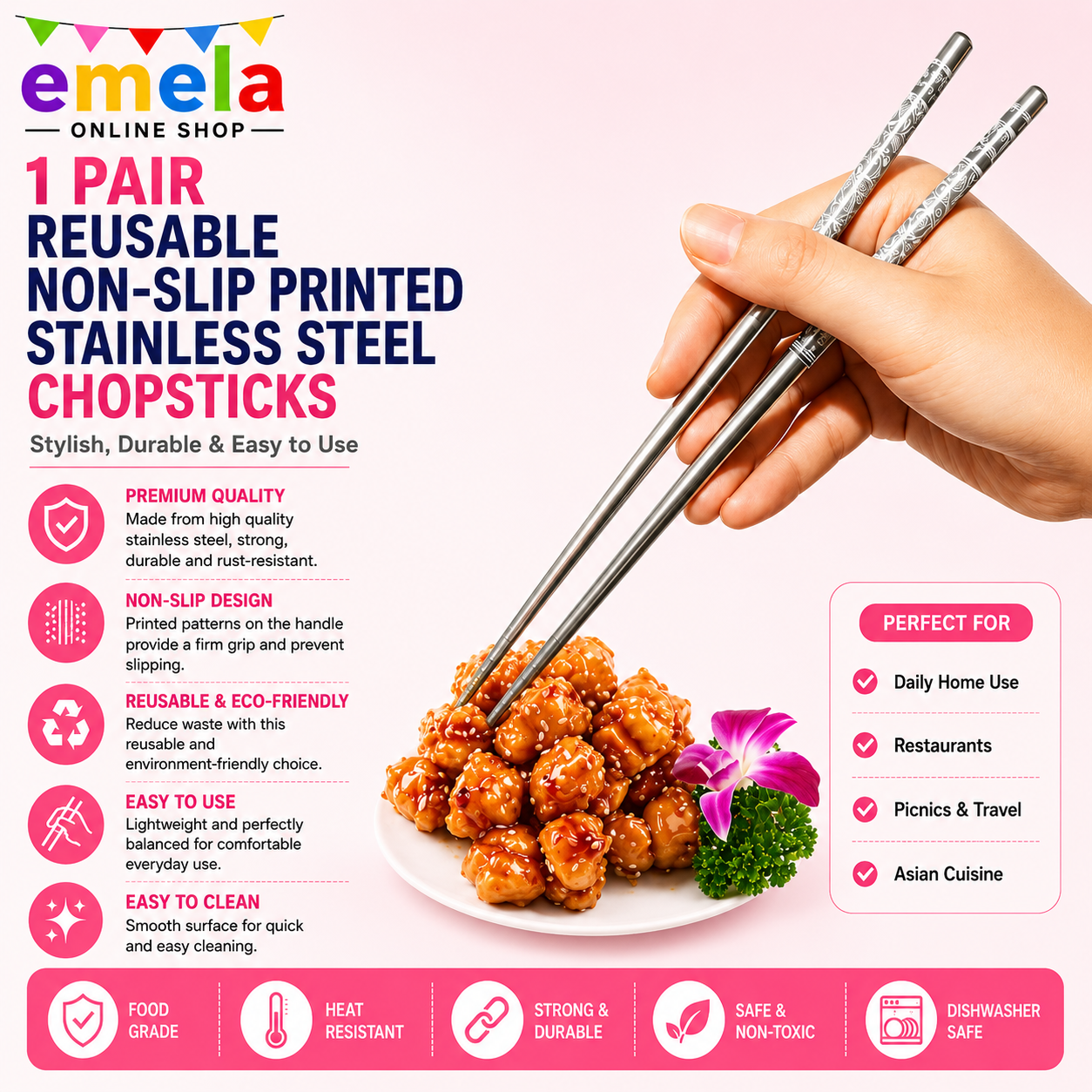 1 Pair Reusable Non-Slip Printed Stainless Steel Chopsticks