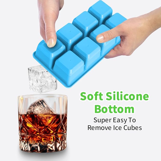 Large Ice Cube Trays, JRISBO 1 Pack Reusable Silicone Ice Cube Molds with Lid for Freezer, Easy Release 8 Big Square Ice Trays for Whisky Cocktails