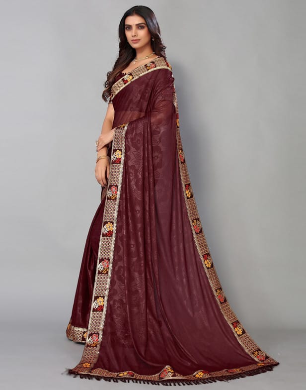 Fabdale Lycra Blend Saree with Floral & Geometric Prints, Lace & Tassels | Dark Brown (SMH-022)