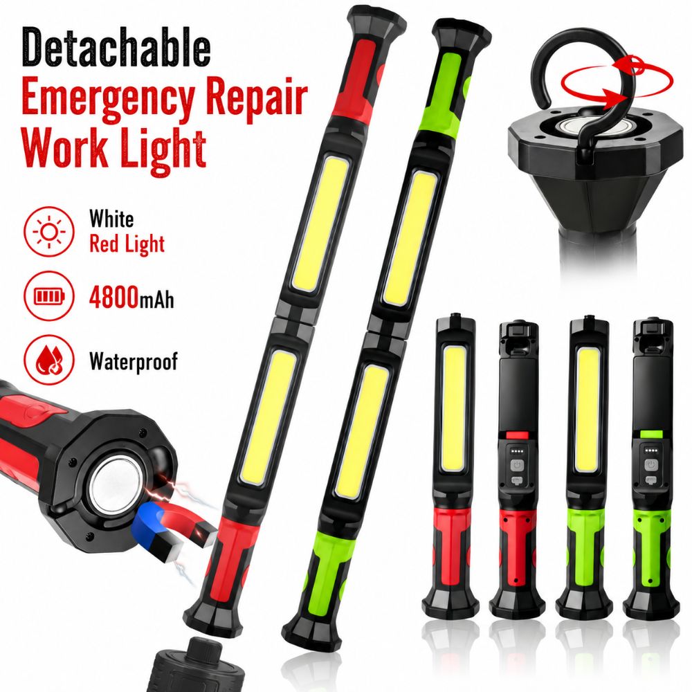 Upgraded Detachable Emergency Repair Work Light Rechargeable with Hook Up LED Magnetic Flashlight White Red Light Waterproof COB Long Bar Light Repair, Camping Etc
