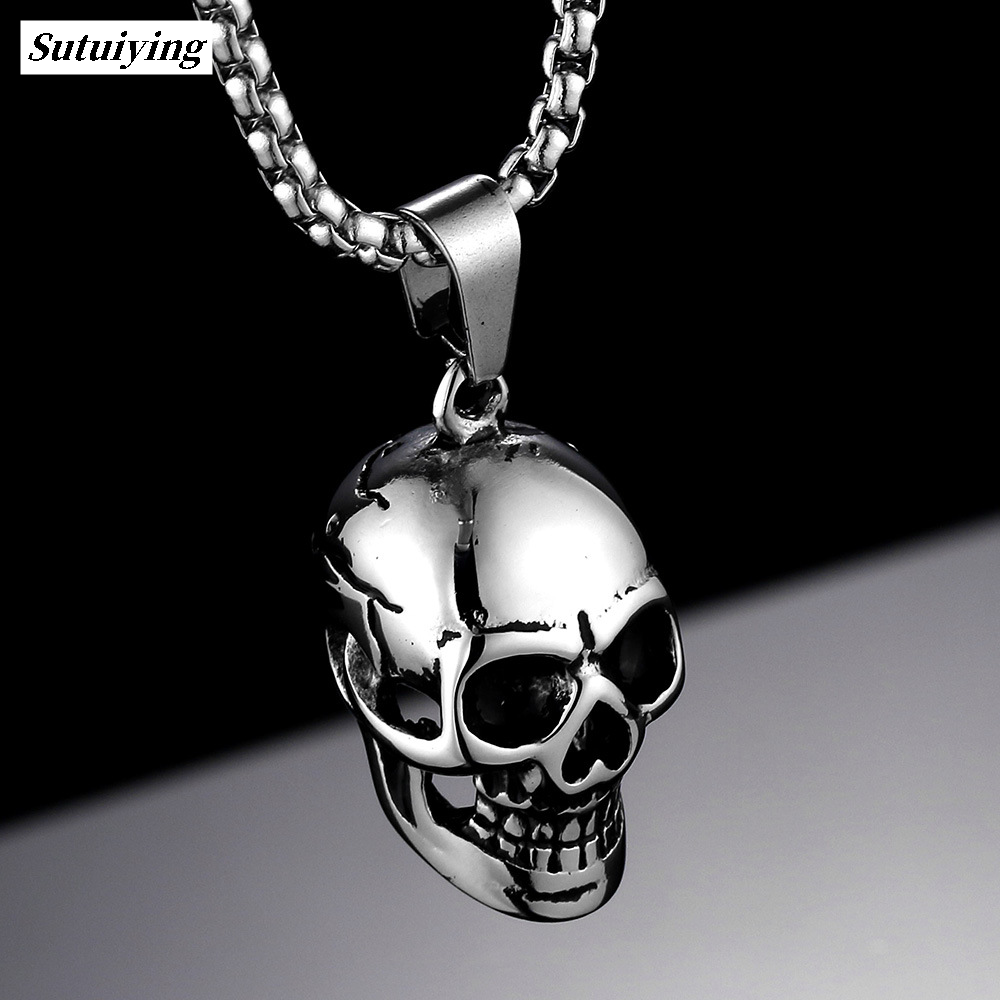 Sutuiying [ New ] Personality Retro Punk Rock Gothic Trendy Men Exaggerated Skull Titanium Steel Pendant WD-082