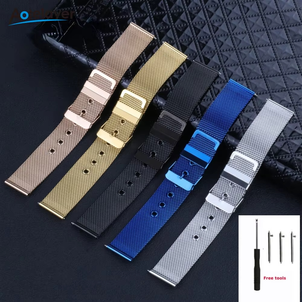 16mm 18mm 20mm 22mm Stainless Steel Watch Strap Safety Buckle Watchband For Milanese Metal Universal Flat Head Wristband