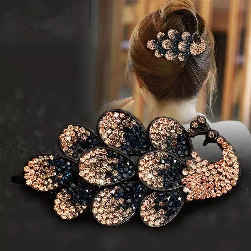 Hair grab clip, large Internet celebrity, new Korean rhinestone peacock, light luxury, niche temperament, duckbill clip on the back of the head