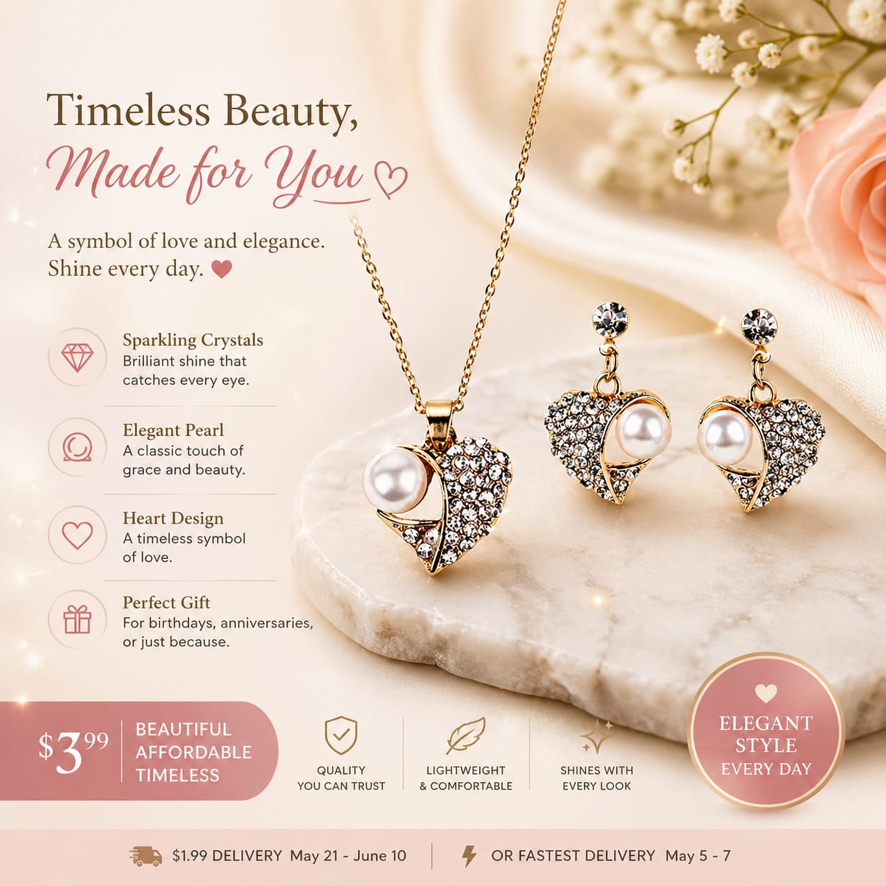 Women’s Elegant Vintage Heart-Shaped Necklace & Statement Earrings Jewelry Set - Fashionable Romantic Accessories