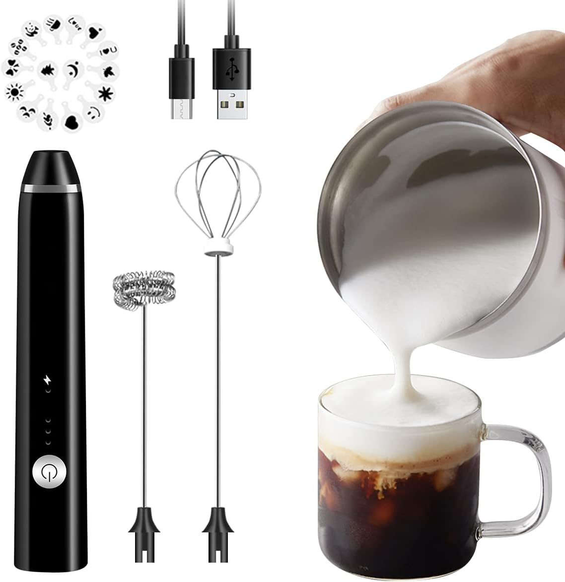 Milk Frother Handheld for Coffee, Electric Hand Foamer Blender for Drink Mixer Electric Milk frother with Double Whisks, USB Rechargeable Electric Foam Maker, for Coffee, Latte, Cappuccino, Egg Whipping - image 1