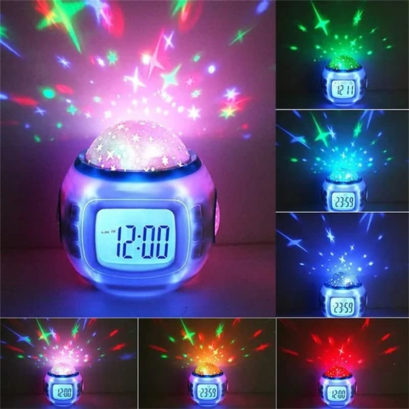 Star Projector Alarm Clock with LED Night Light & Music - Digital 12/24H Clock for Kids Bedroom - Color Changing Sky Projection Lamp