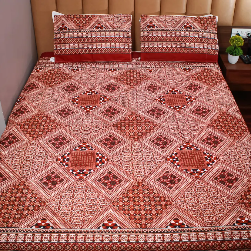 Brown Pattern Printed King Size Satin Bedsheets With 2 Pillow