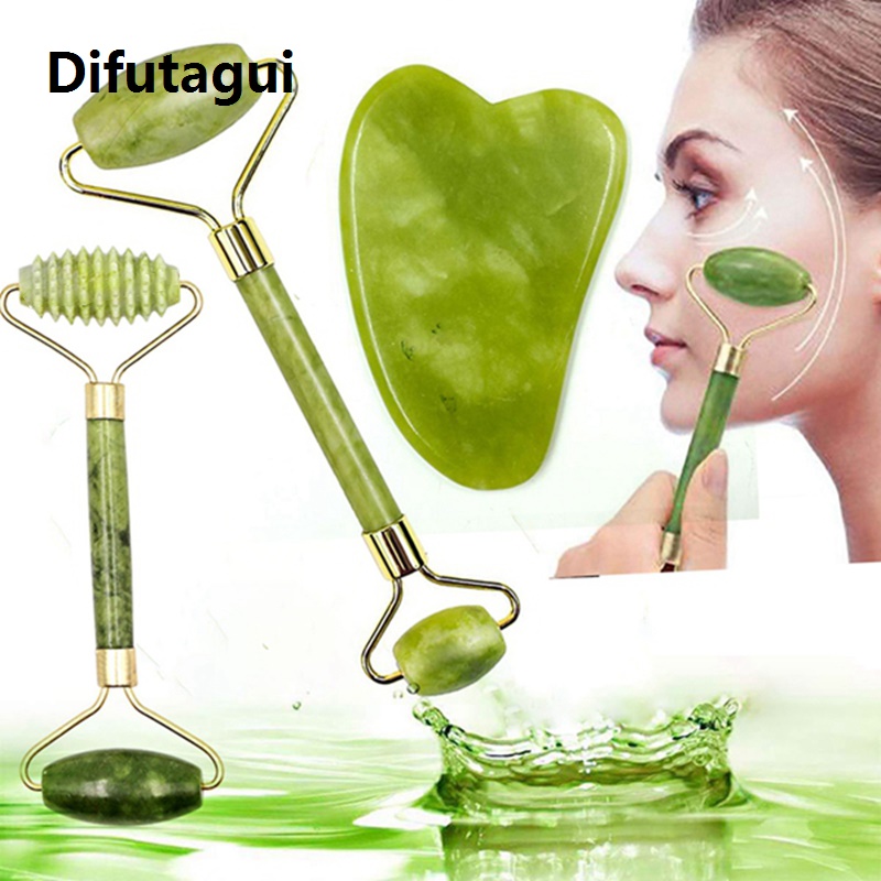 Difutagui Fashion Face Massager Gua Sha Natural Stone Set Guasha Body Massage Tool Jade Face Lift Devices visage rouleau de massage rouleau visage