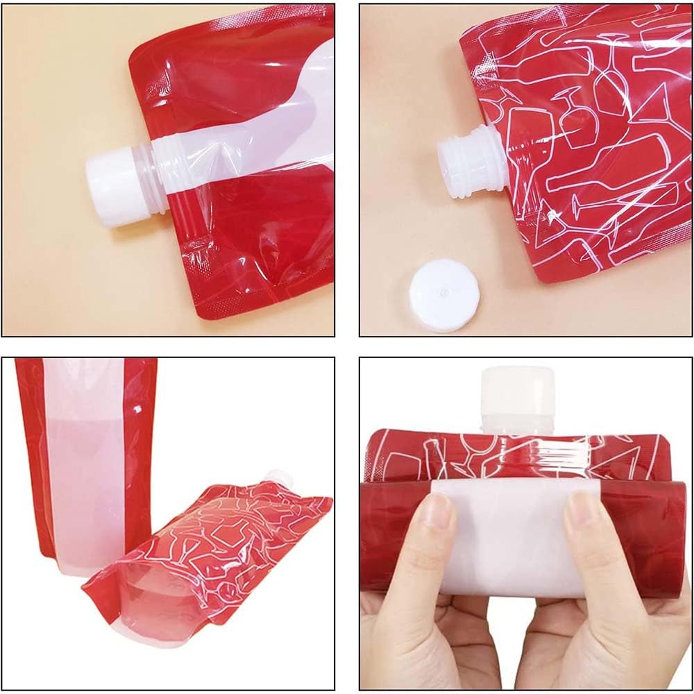 4 Pcs New Food Grade Plastic Folding Water Bag 750 ML Foldable Folding Red Wine Bag Leak Proof Semitransparent Plastic Wine Bags Travel