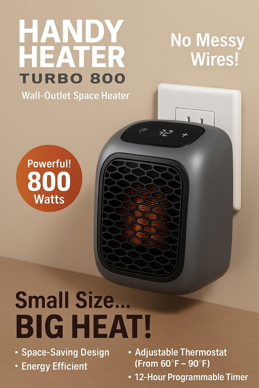 ElectraByte Portable Heater Turbo 800 Handy Wall-Outlet Space Heater Best For Winter / Safe For Use In Rooms.