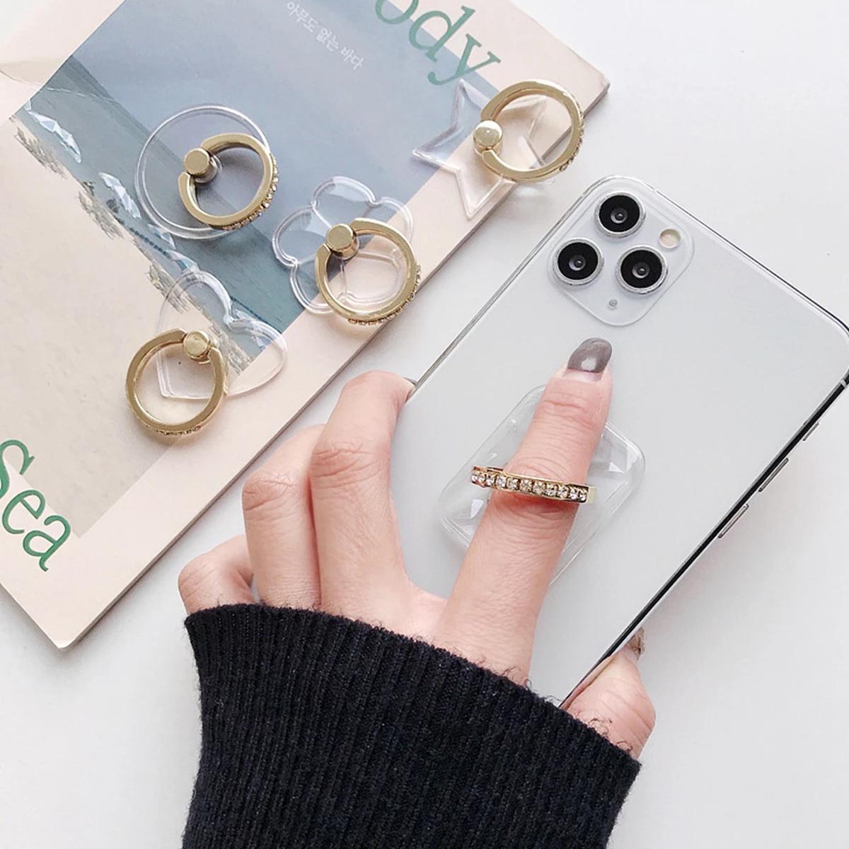 Universal Cell Phone Ring Holder Cute Transparent Crystal Smartphone Finger Kickstand 360° Rotation Metal Finger Stand