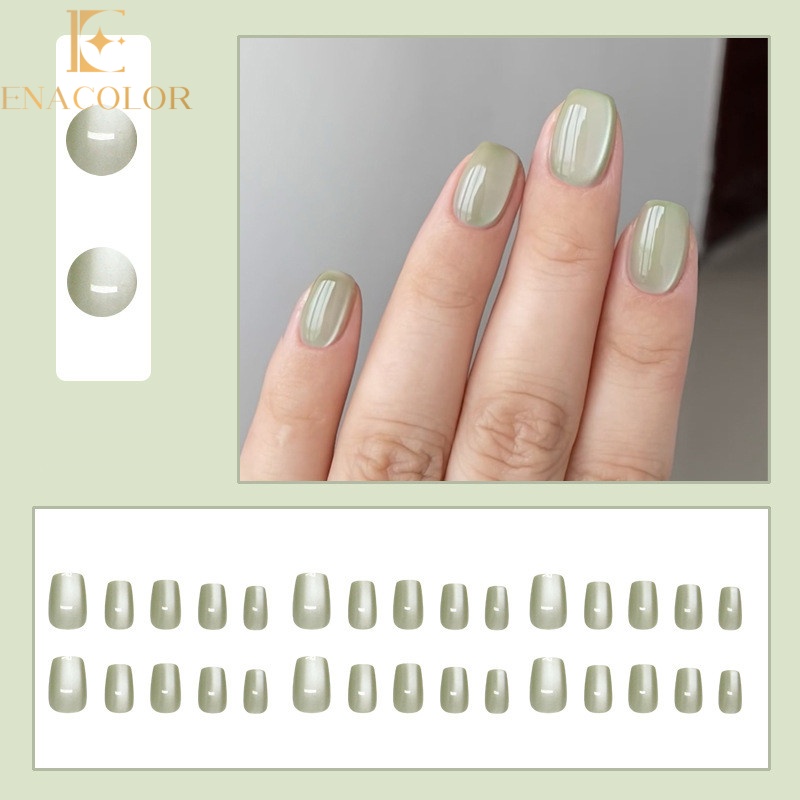 Enacolor 24Pcs Solid Color Dark Green Double French Fake Nails with Glue DIY Art Design False Nails Wearable Artificial Nails