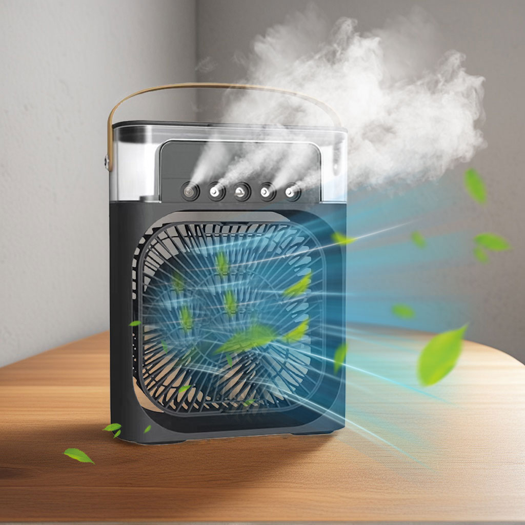 Portable 3-in-1 Air Conditioner Cooler Fan & Humidifier with LED Water Tank | Mini Desktop Mist Fan with Type-C USB Charging | Personal Air Cooler for Room, Desk, Outdoor, Travel - Random Color, 7 LED Modes