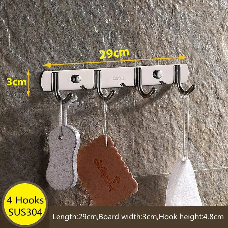 SUS304 Stainless Steel 4-Hook Wall Rack | Bathroom & Kitchen Hanging Hook | Drill Mounted Heavy Duty Holder (29cm)